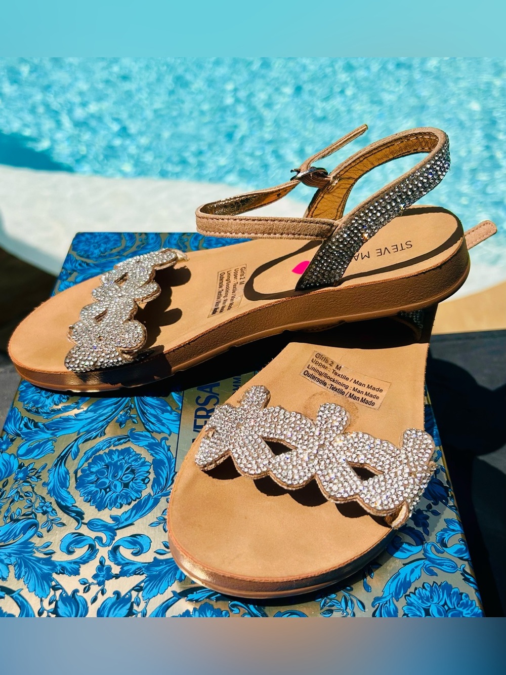 Steve Madden Tan Gold Braided Crystal Slingback Sandals